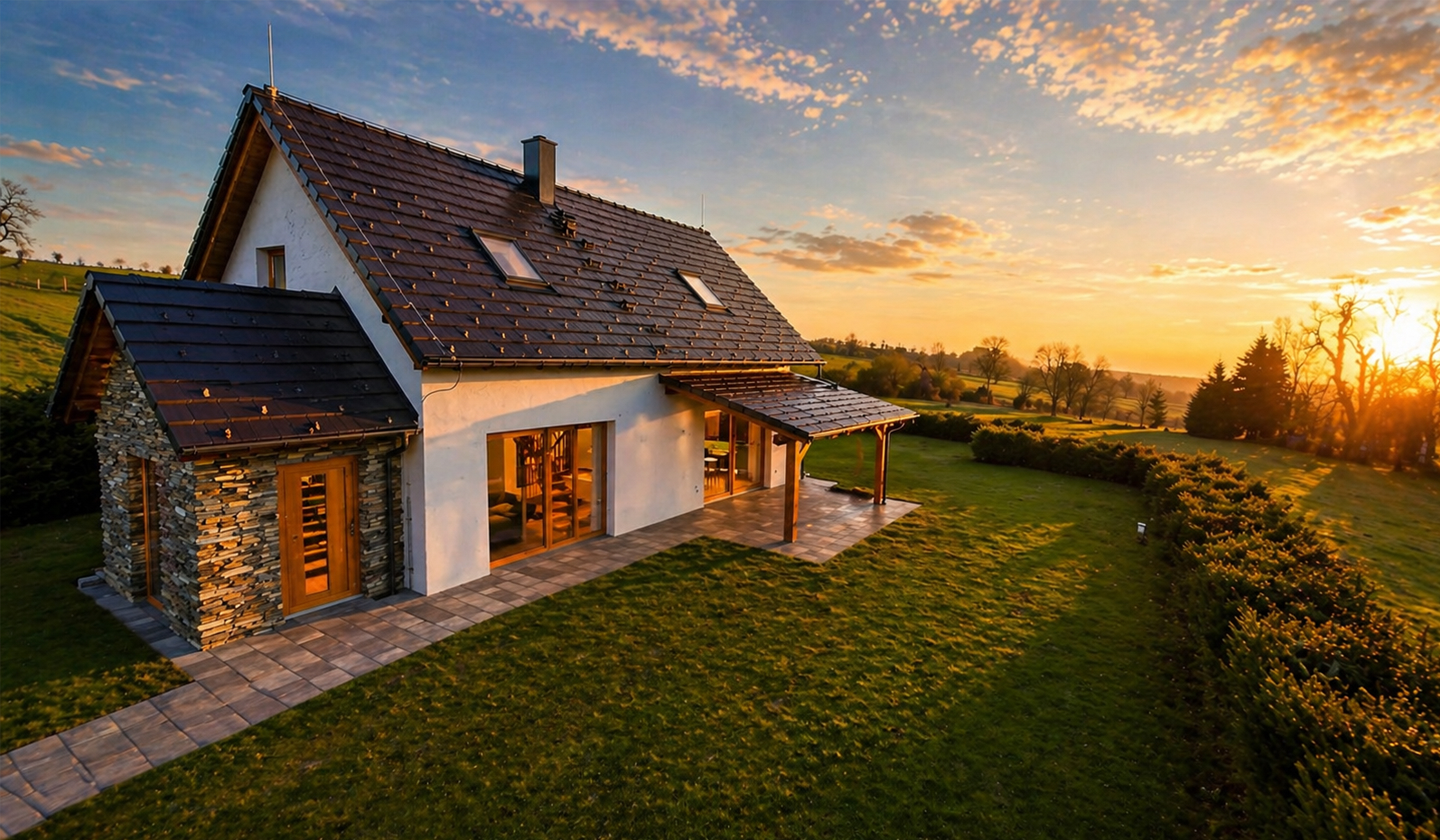 Exteriér — kamenný obklad, terasa a panoramatický výhled při západu slunce